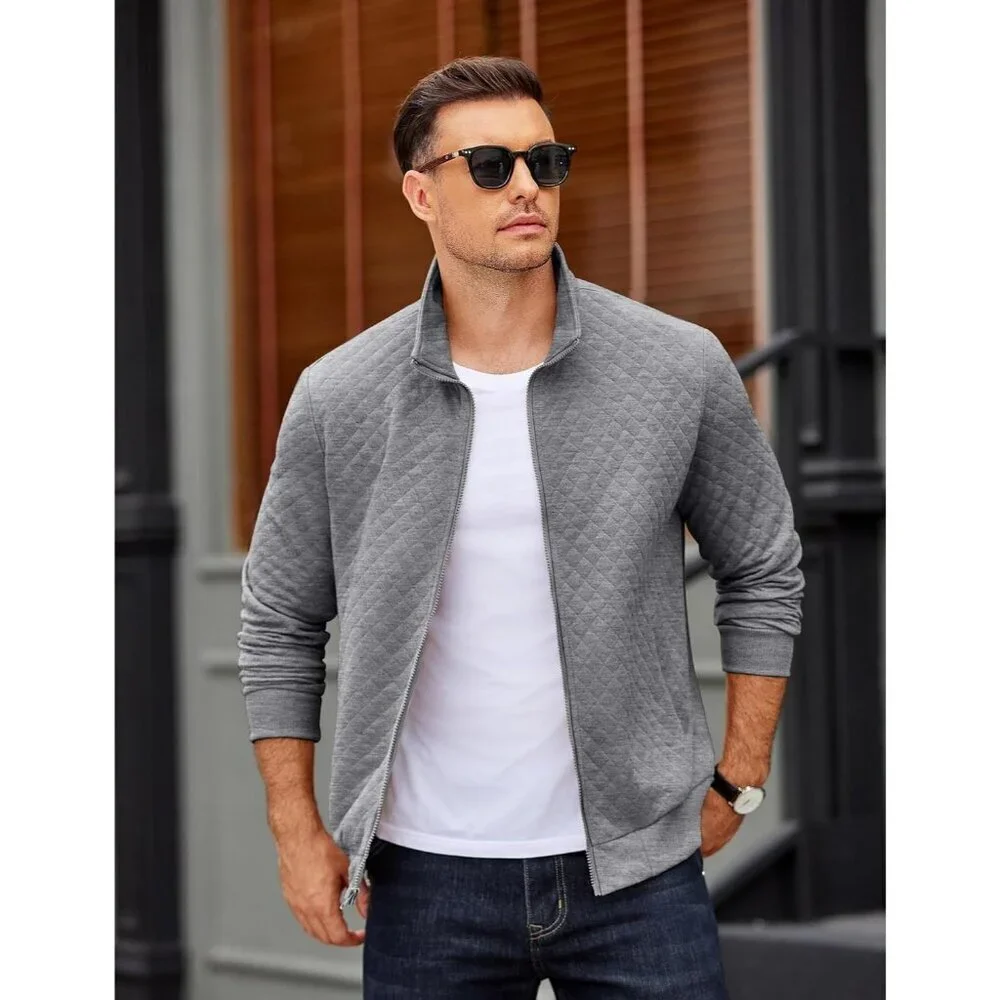 COOFANDY Men  Light Grey Zip Up Mock Neck Quilted Lightweight Sweater Jacket